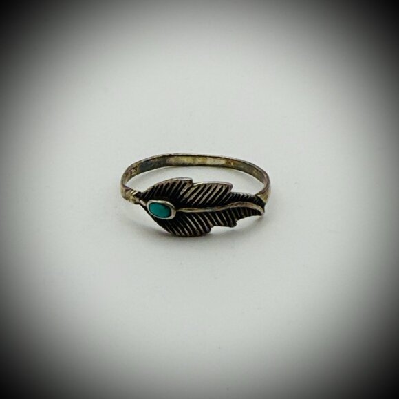 Sterling Turquoise Feather Ring — Size 7, Marked 925, Dainty Stackable - Picture 1 of 5
